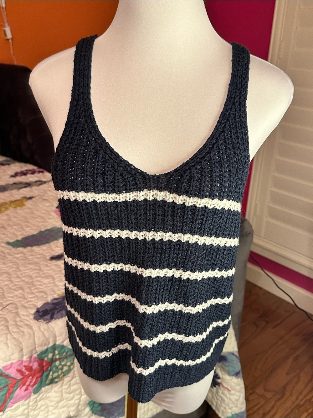 Blue Rain Navy and White Beachy Coastal Crocheted Striped Tank Medium